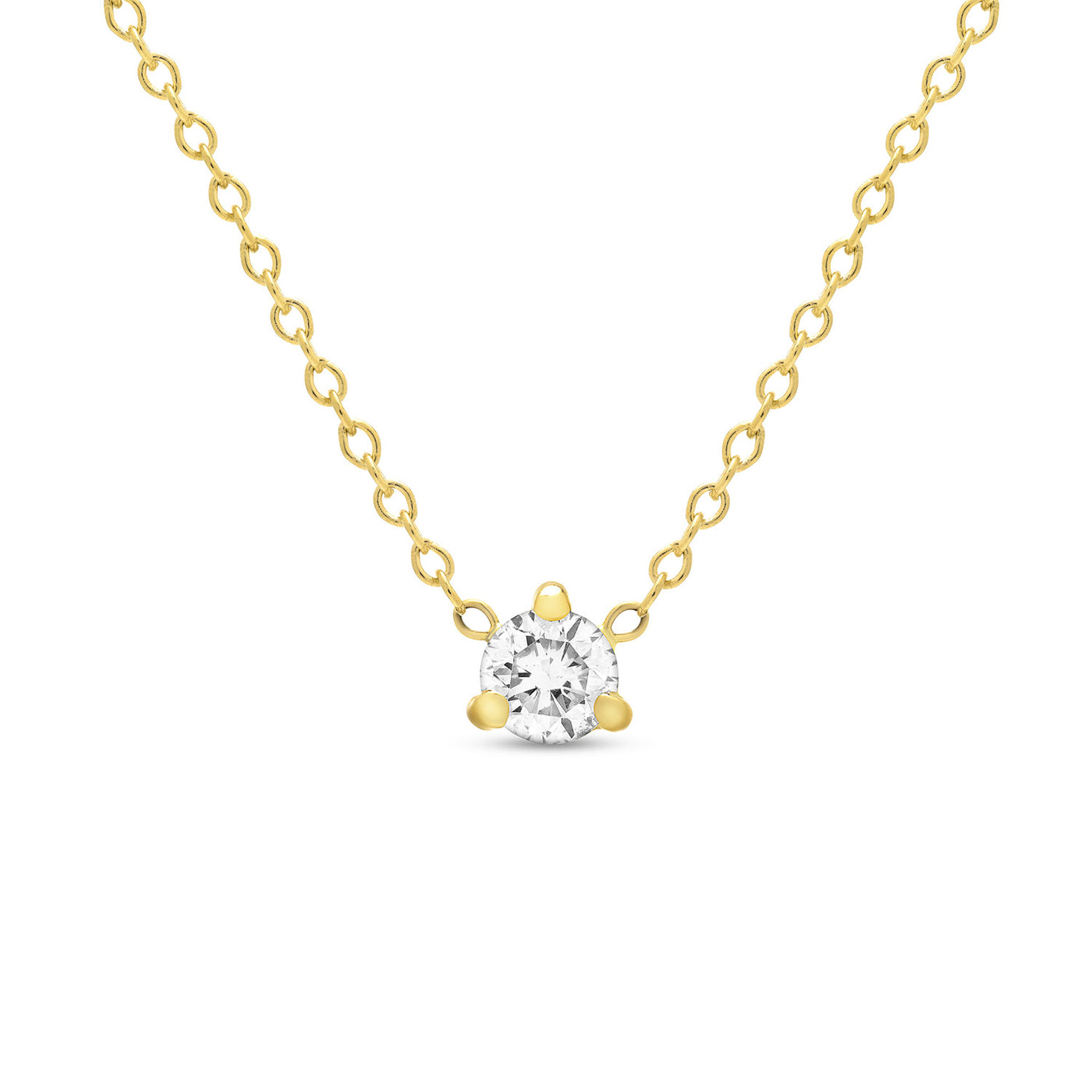 14K Solid Gold Diamond Solitaire Three Prong Necklace
