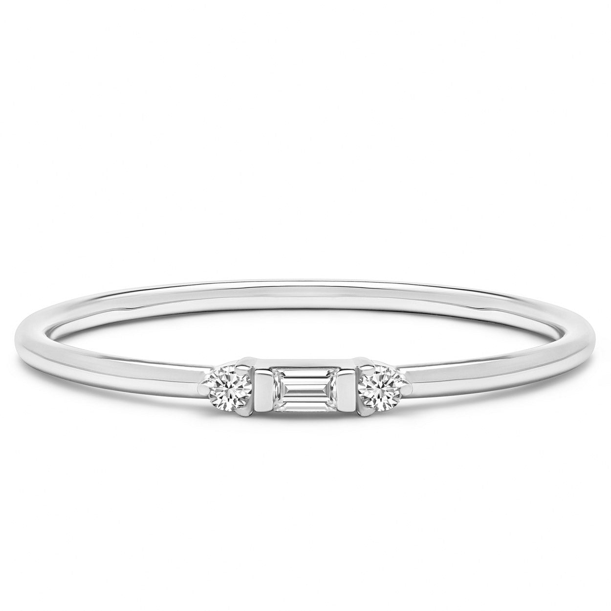 14K Solid White Gold Three Stone Baguette Round Stackable Ring