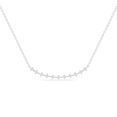 14K Solid White Gold Round Diamond Prong Set Curved Bar Necklace