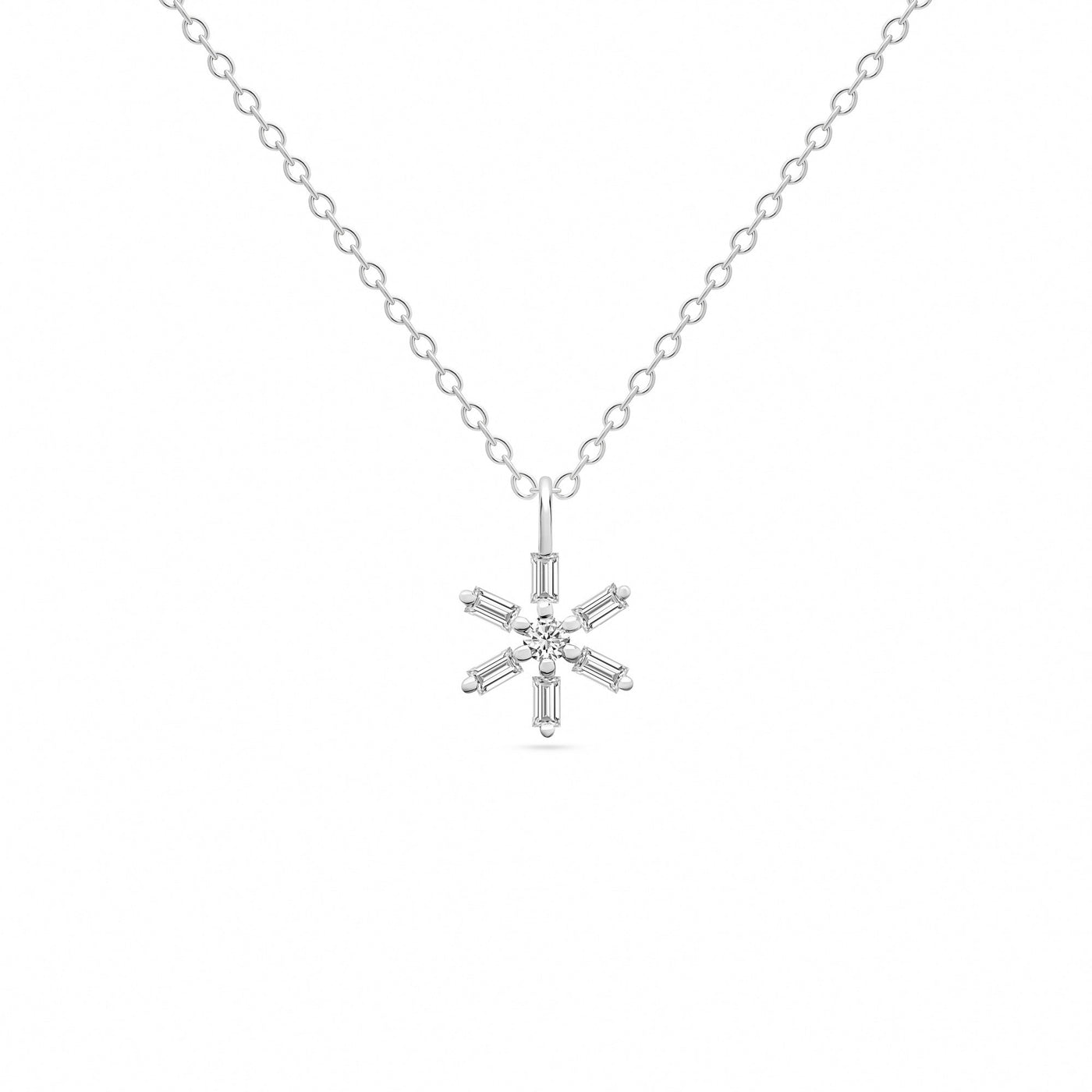 14K Solid White Gold Baguette Diamond Star Necklace