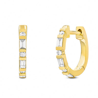 14K Solid Gold Baguette Round Diamond 1/2'' Hoop Earrings