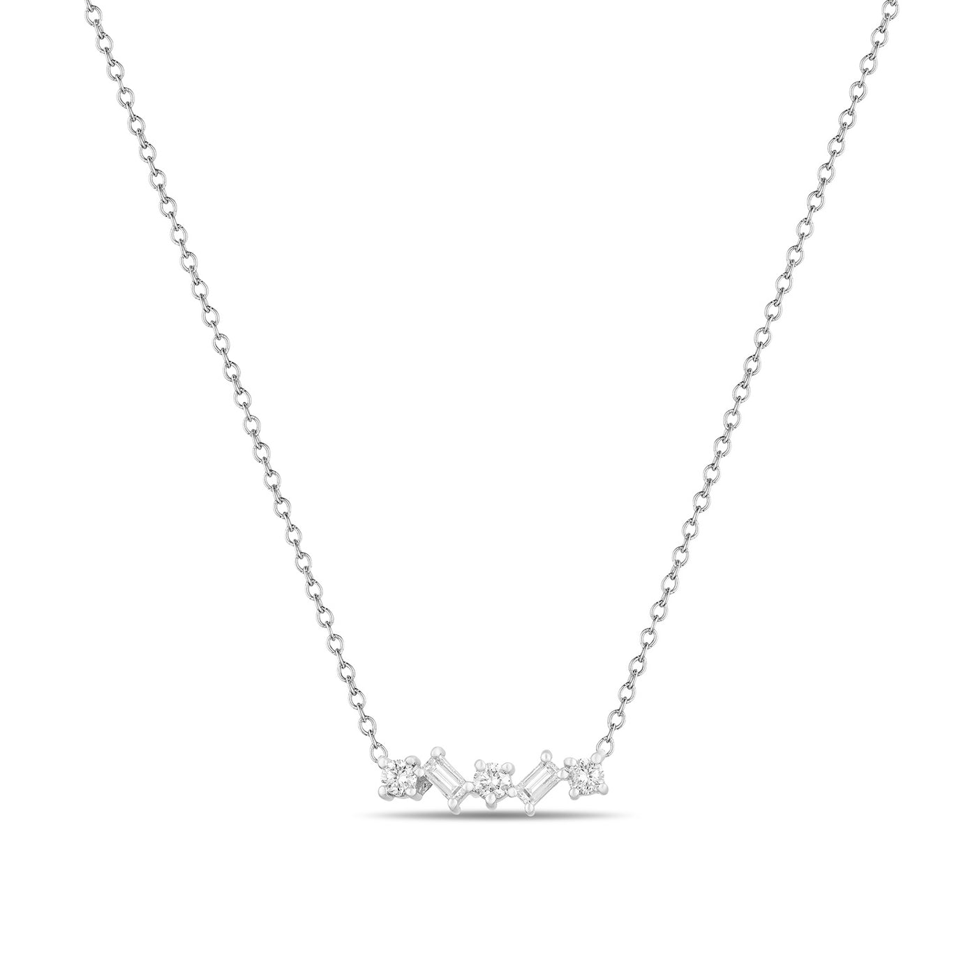 14K Solid Gold Round and Baguette Diamond Necklace White Gold
