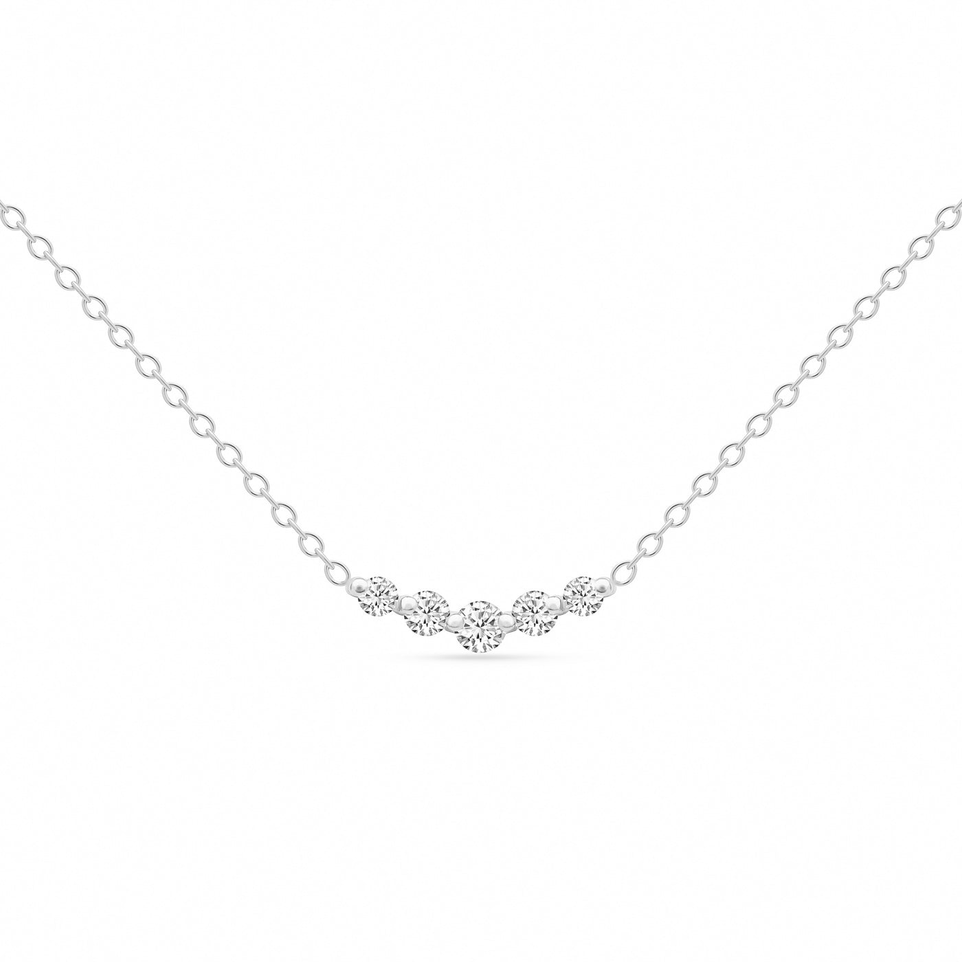 14K Solid White Gold Graduated 5 Stone Diamond Curved Bar Necklace