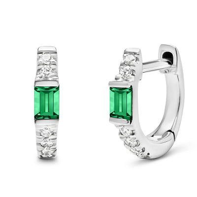 14K Solid White Gold Natural Emerald Pave Diamond Hoops