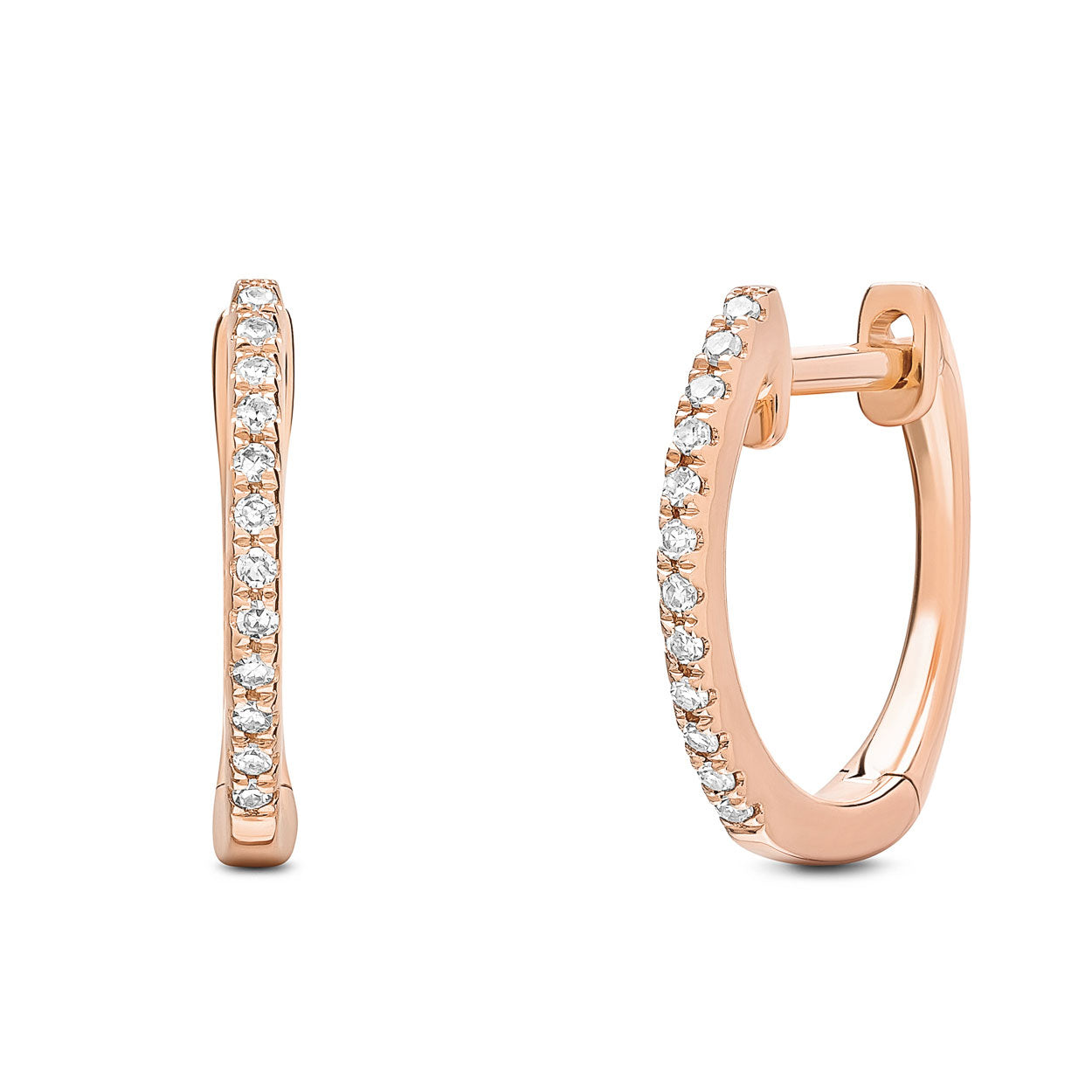 14K Solid Rose Gold Pave Diamond 1/2'' Hoop Earrings