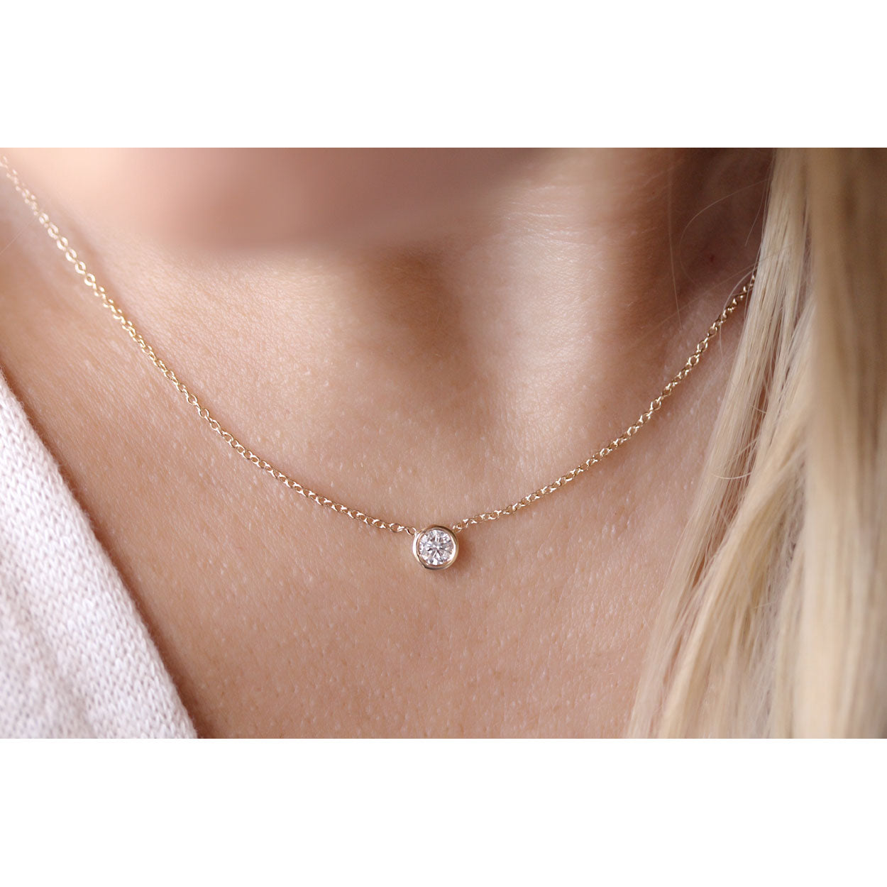 14K Solid Gold Diamond Solitaire Round Bezel Necklace Model 4