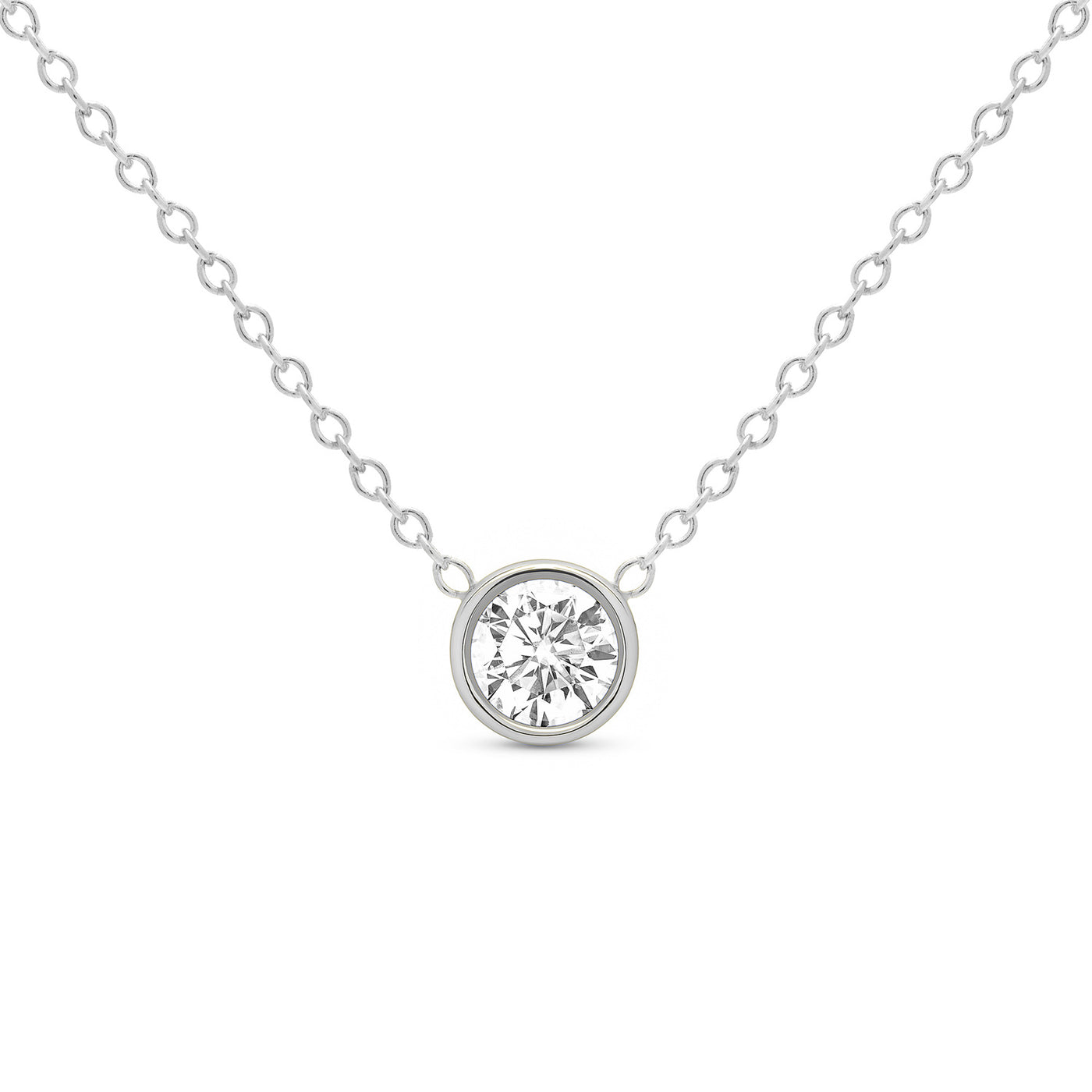 14K Solid Gold Diamond Solitaire Round Bezel Necklace White Gold