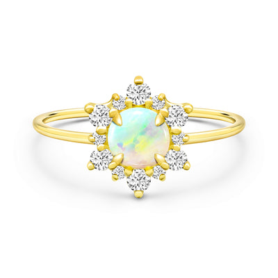 14K Solid Gold Natural Opal Diamond Cluster Halo Ring