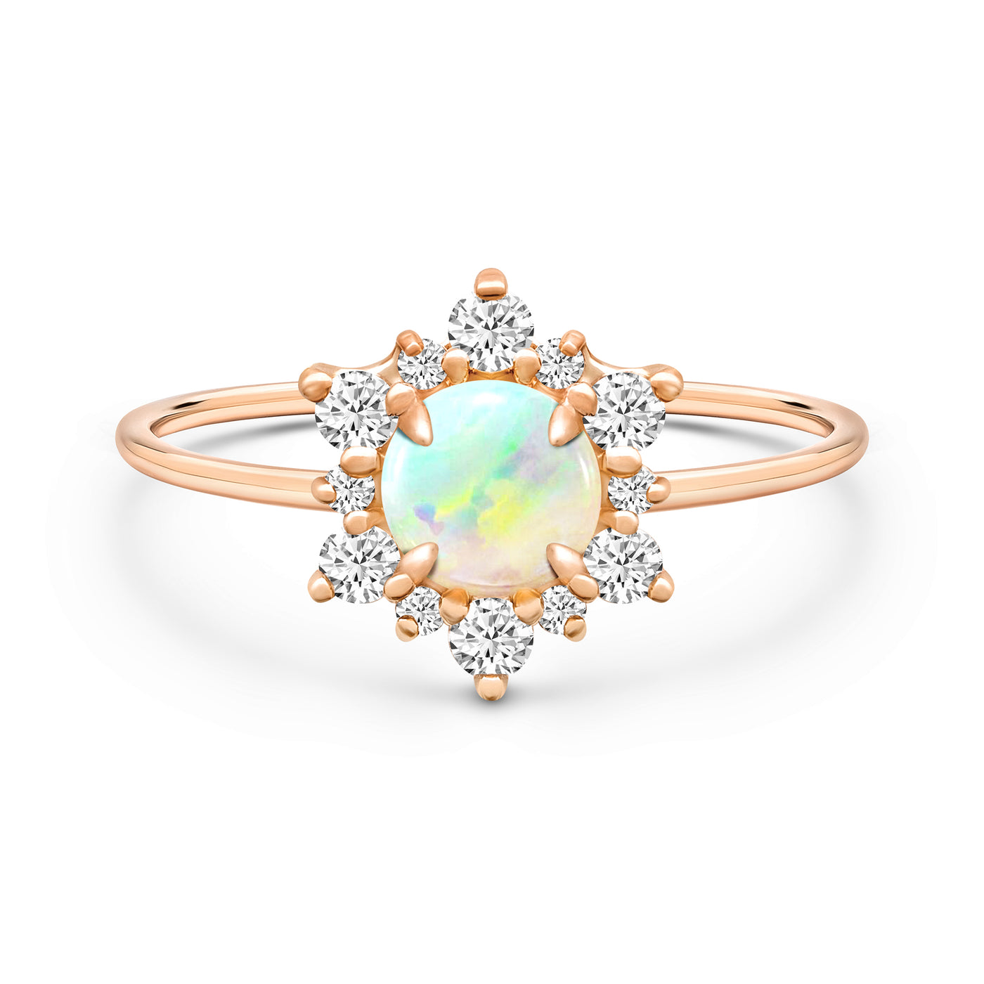 14K Solid Gold Natural Opal Diamond Cluster Halo Ring
