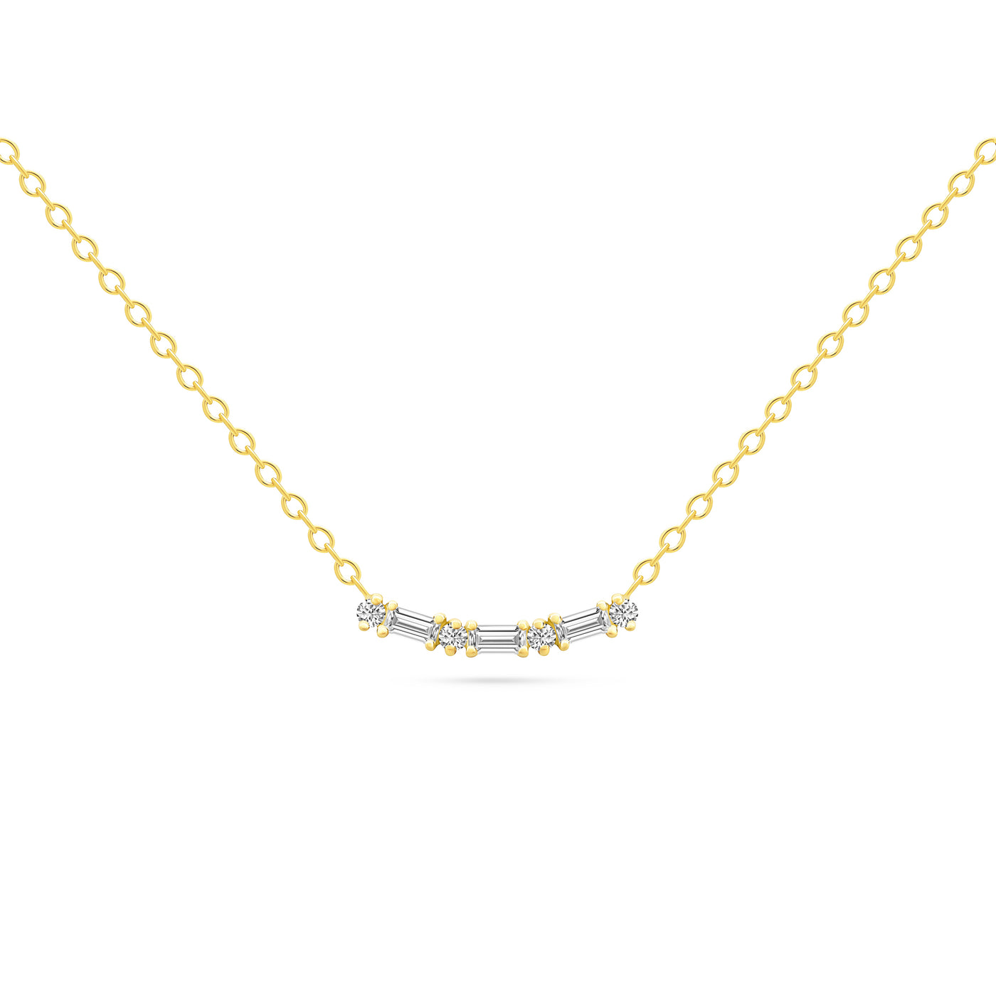 14K Solid Gold Baguette Round Seven Diamond Curved Bar Necklace