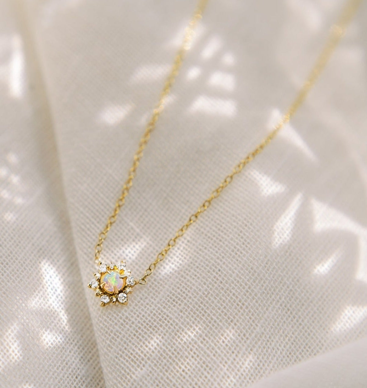 14K Solid Gold Opal Cluster Diamond Necklace