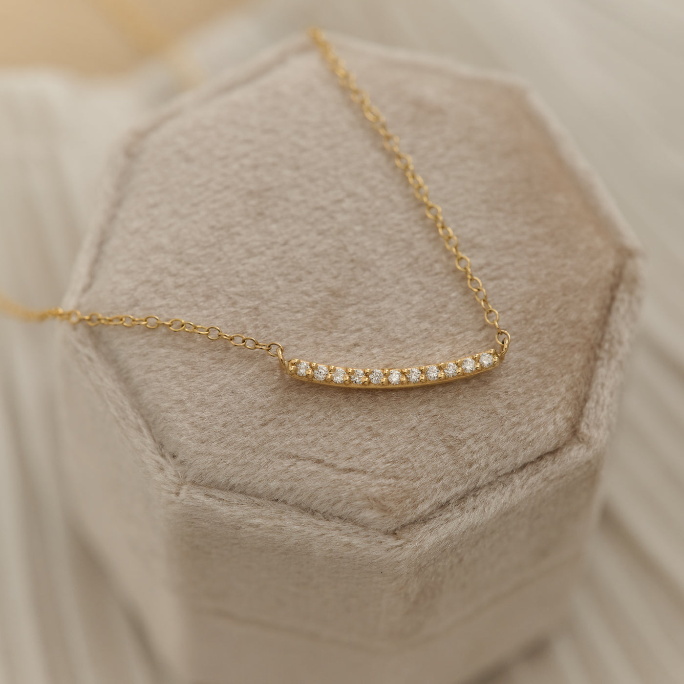 14K Solid Gold Curved Pave Diamond Bar Necklace