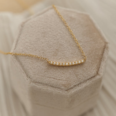 14K Solid Gold Curved Pave Diamond Bar Necklace