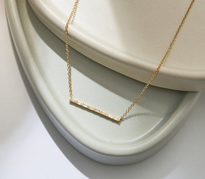 14K Solid Gold All Baguette Diamond Tension Bar Necklace