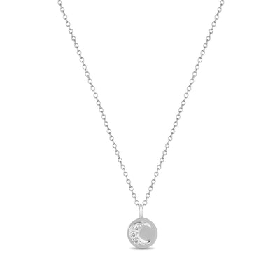 14K Solid Gold Round Diamond Moon and Sun Necklace White Gold