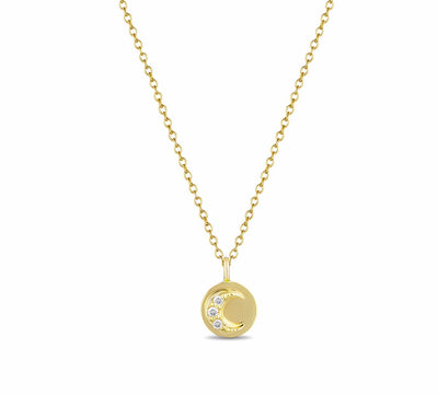 14K Solid Gold Round Diamond Moon and Sun Necklace