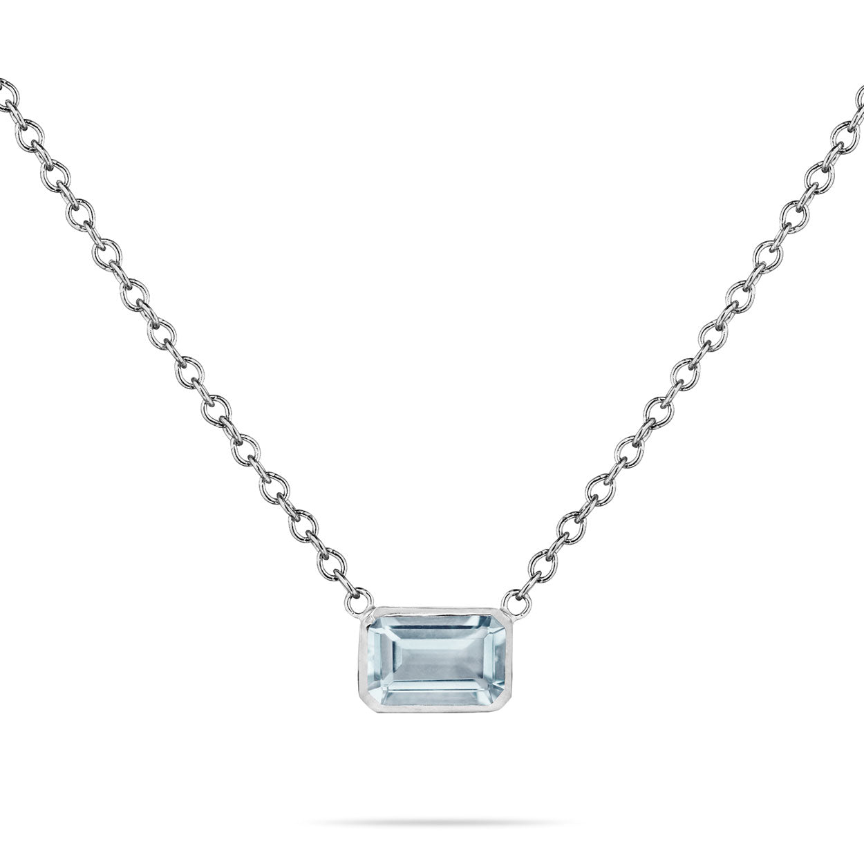 14K Solid White Gold Natural Aquamarine Solitaire Bezel Necklace