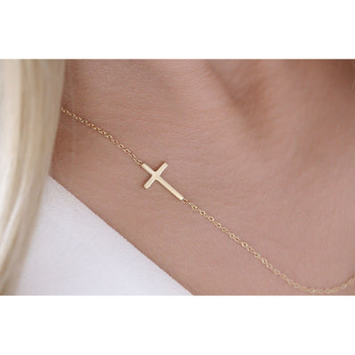 14K Solid Gold Meaningful Sideways Cross Necklace Model 2
