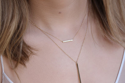 14K Solid Gold Milgrain Diamond Bar Necklace