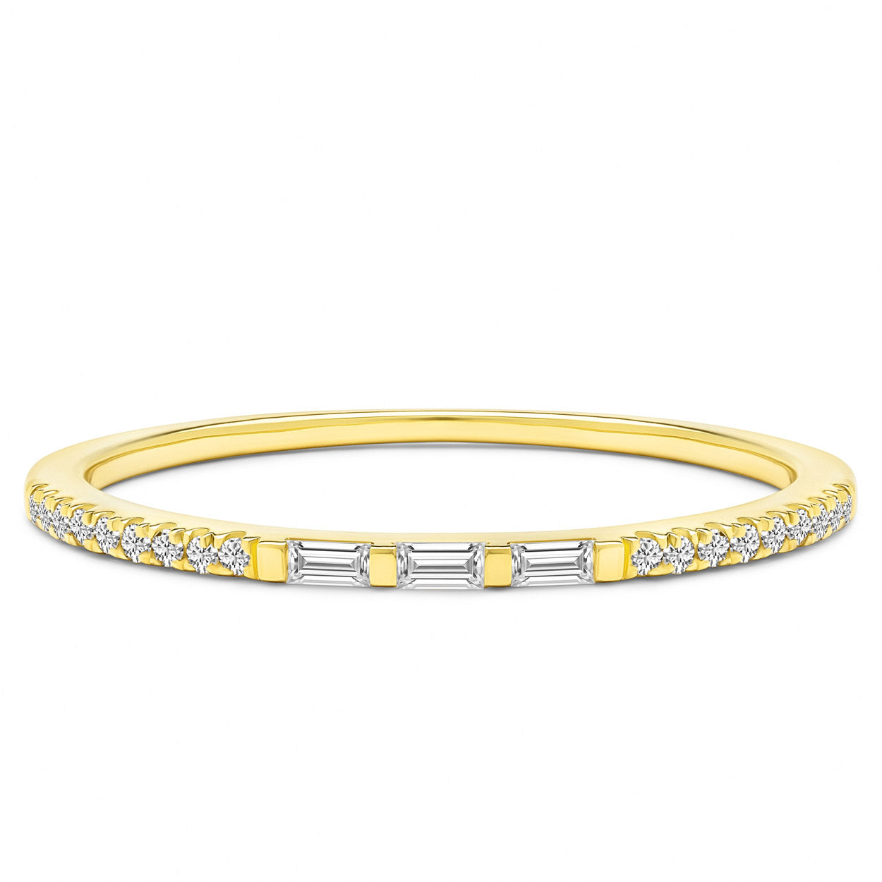 14K Solid Gold Three Stone Baguette Slim Pave Half Eternity Band