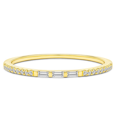 14K Solid Gold Three Stone Baguette Slim Pave Half Eternity Band