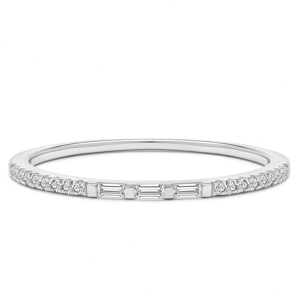 14K Solid White Gold Three Stone Baguette Slim Pave Half Eternity Band