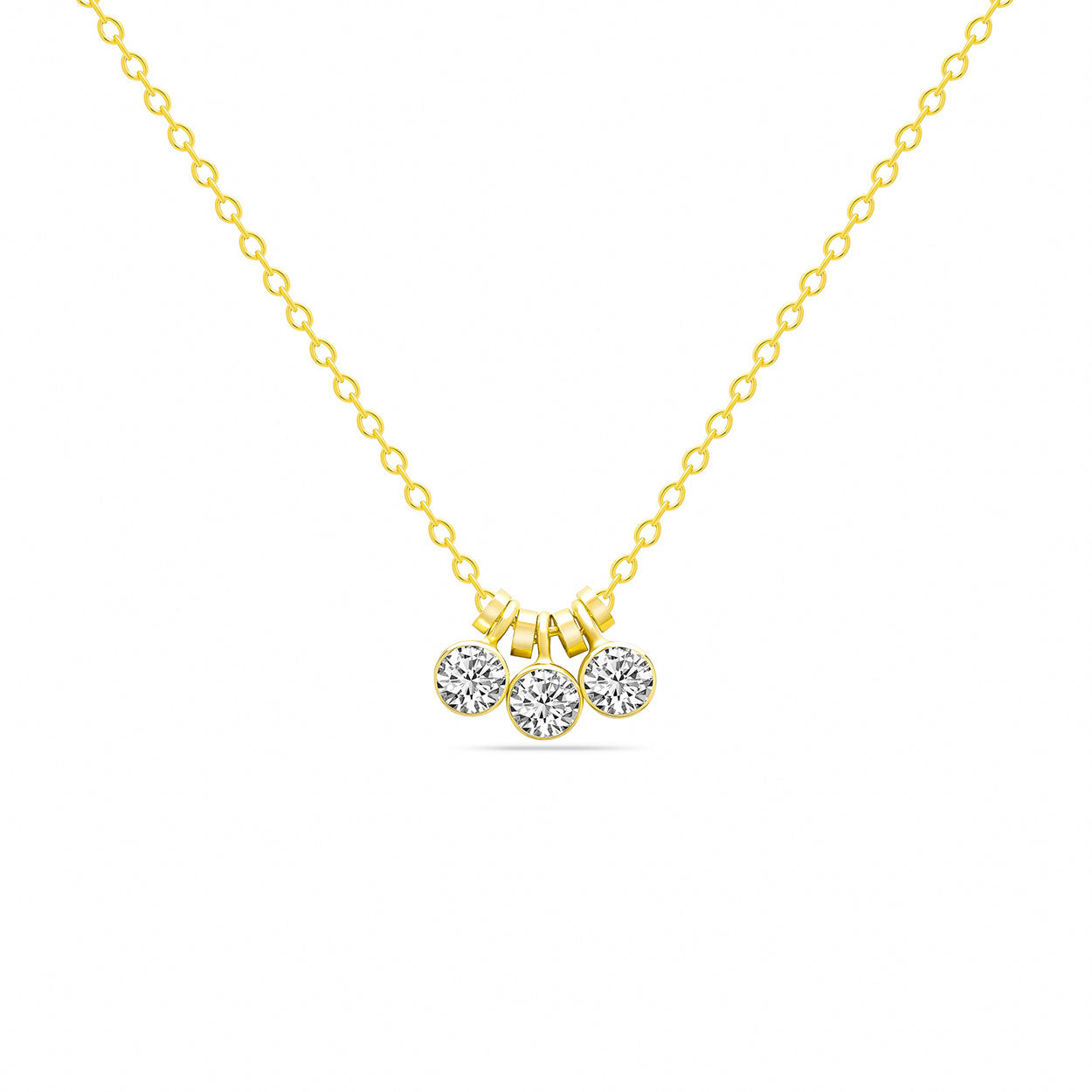 14K Solid Gold Three Dangling Bezels Necklace
