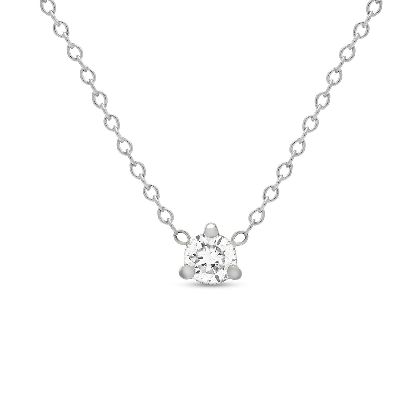 14K Solid Gold Diamond Solitaire Three Prong Necklace White Gold