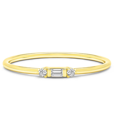 14K Solid Gold Three Stone Baguette Round Stackable Ring