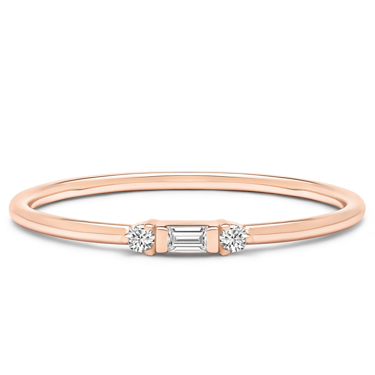 14K Solid Rose Gold Three Stone Baguette Round Stackable Ring