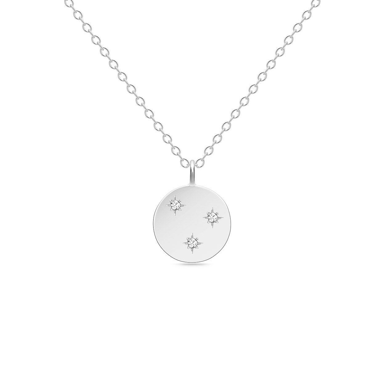 14K Solid White Gold 3 Stars Diamond Disc Necklace