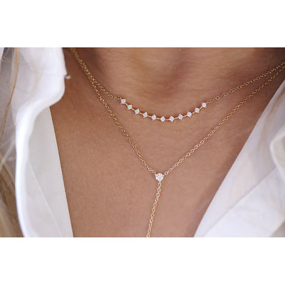 14K Solid Gold Round Diamond Prong Set Curved Bar Necklace Model 1