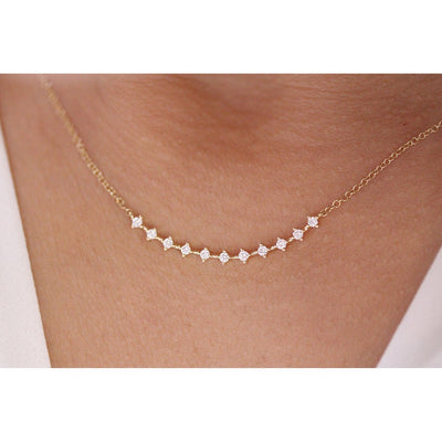 14K Solid Gold Round Diamond Prong Set Curved Bar Necklace Model 2