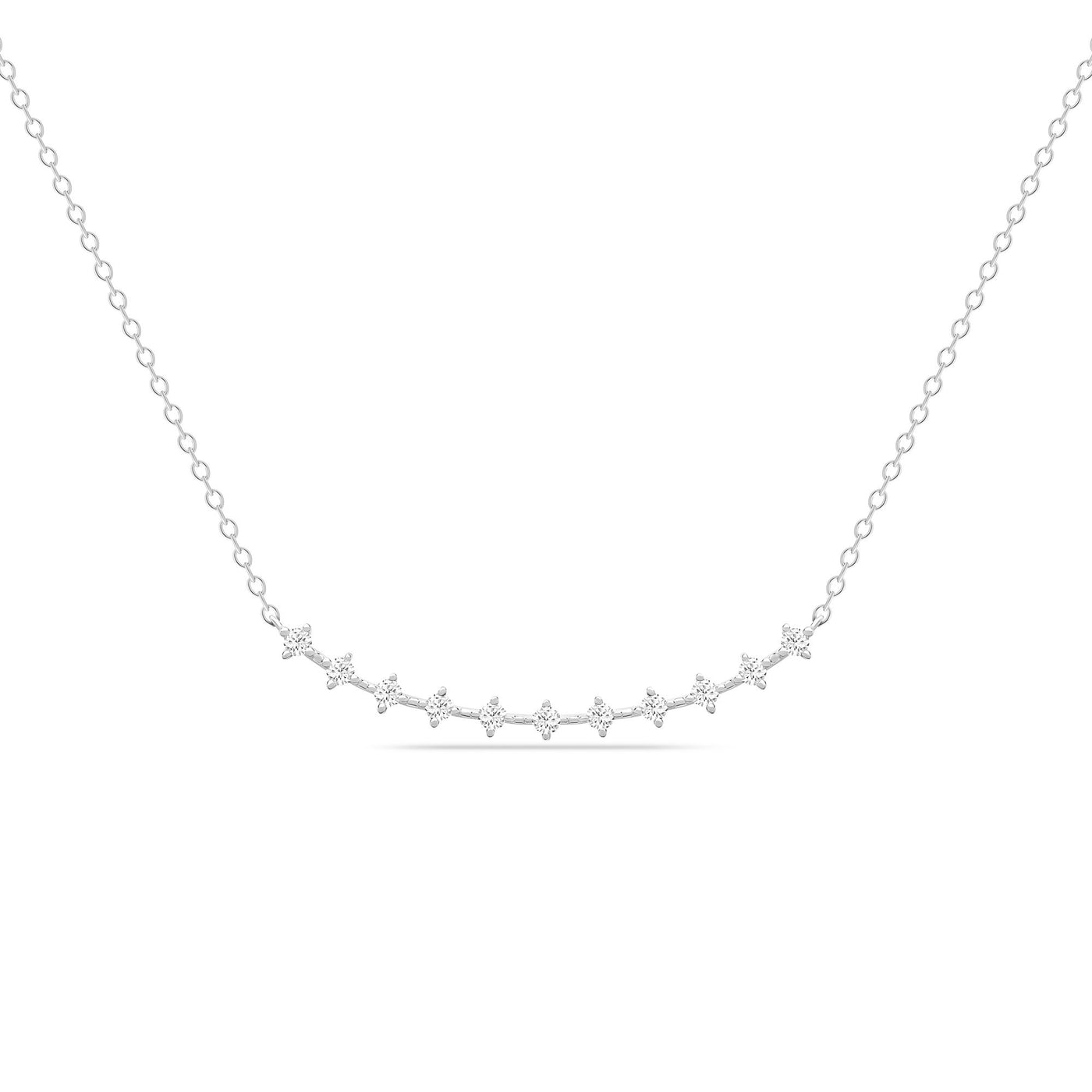 14K Solid White Gold Round Diamond Prong Set Curved Bar Necklace