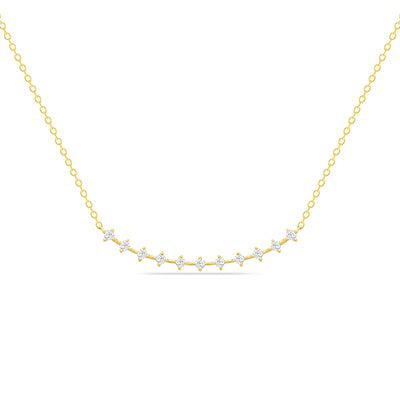 14K Solid Gold Round Diamond Prong Set Curved Bar Necklace