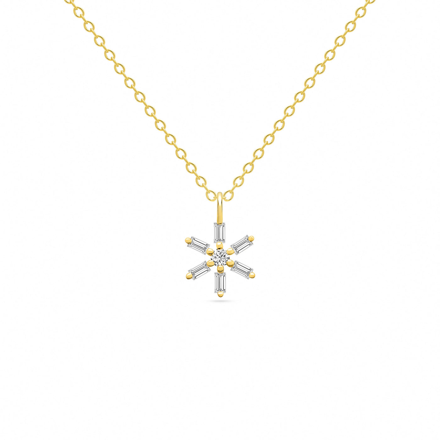 14K Solid Gold Baguette Diamond Star Cluster Necklace