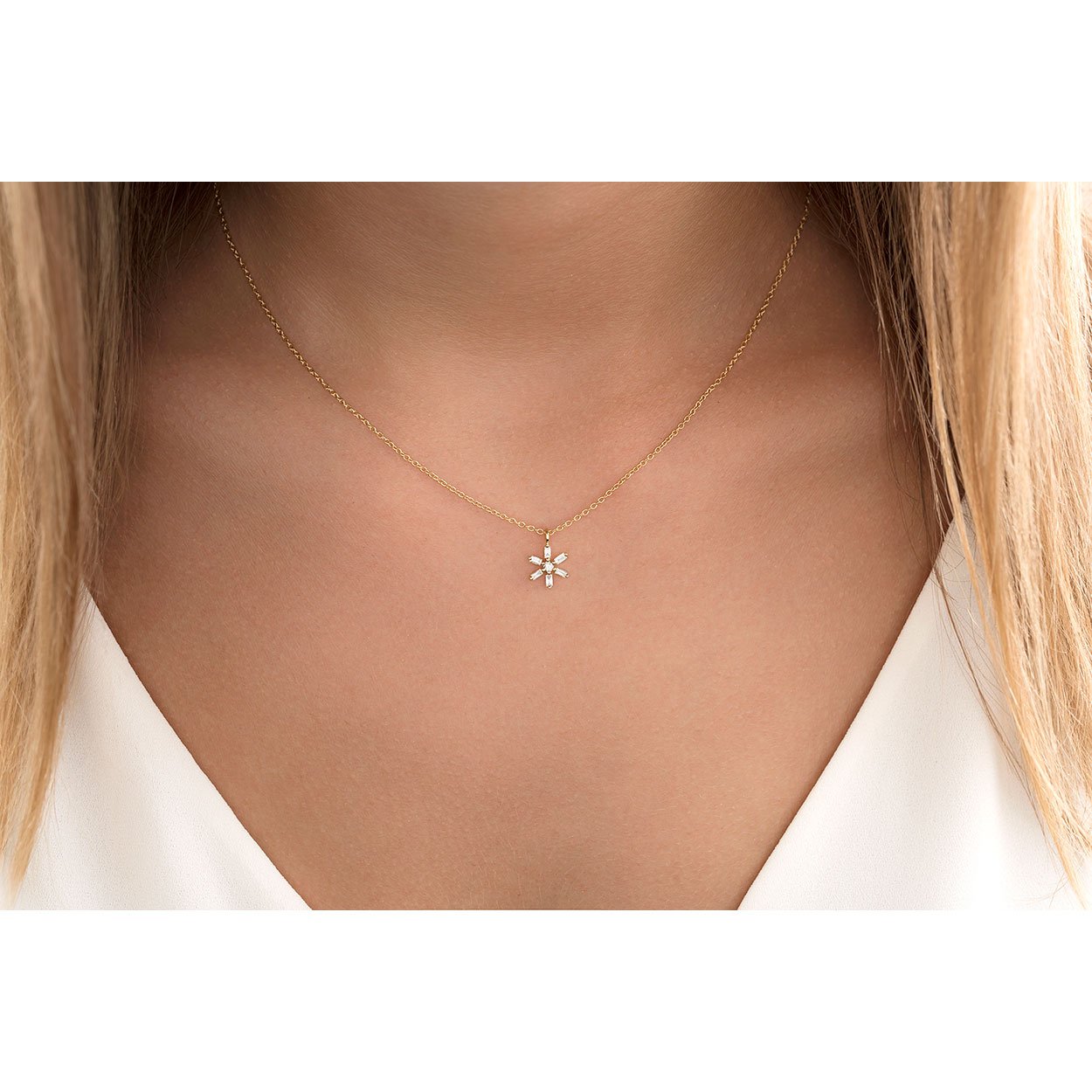 14K Solid Gold Baguette Diamond Star Necklace