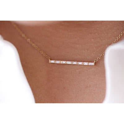 14K Solid Gold All Baguette Diamond Tension Bar Necklace Model 2