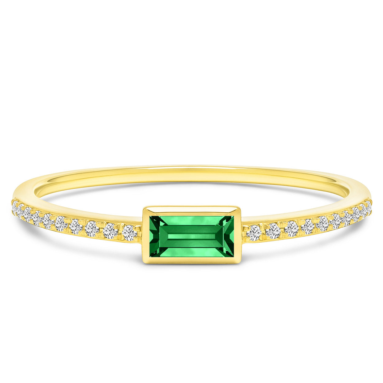 14K Solid Gold Natural Emerald Bezel Baguette Pave Diamond Band