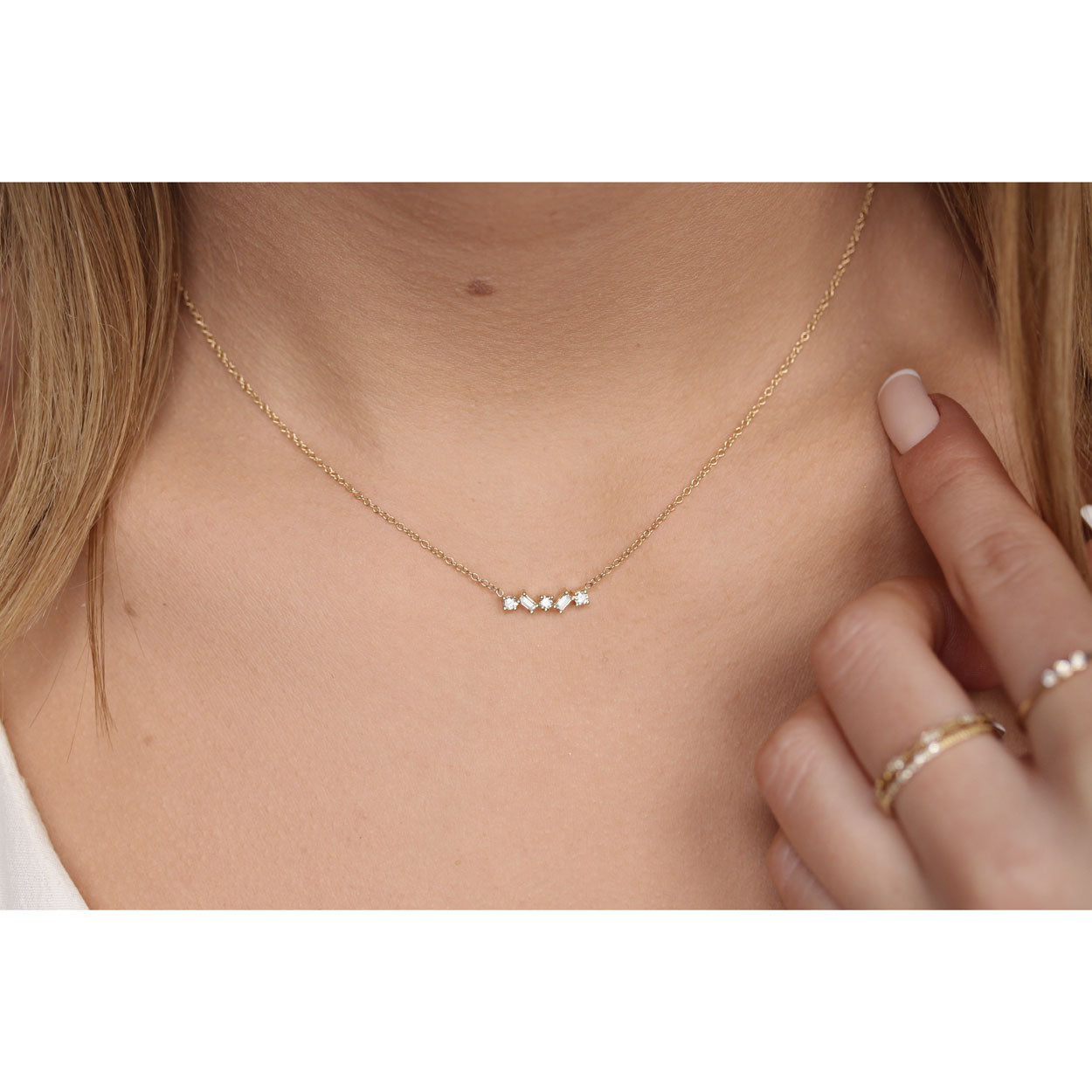 14K Solid Gold Round and Baguette Diamond Necklace Model 1