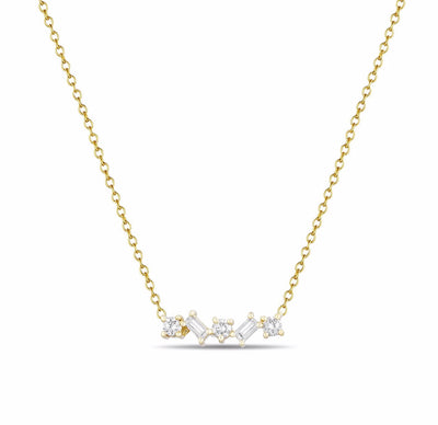 14K Solid Gold Round and Baguette Diamond Necklace