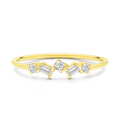14K Solid Gold Baguette Round Alternating Diamond Five Stone Ring