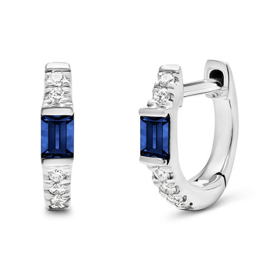14K White Solid Gold Blue Sapphire Baguette Pave Diamond Hoops