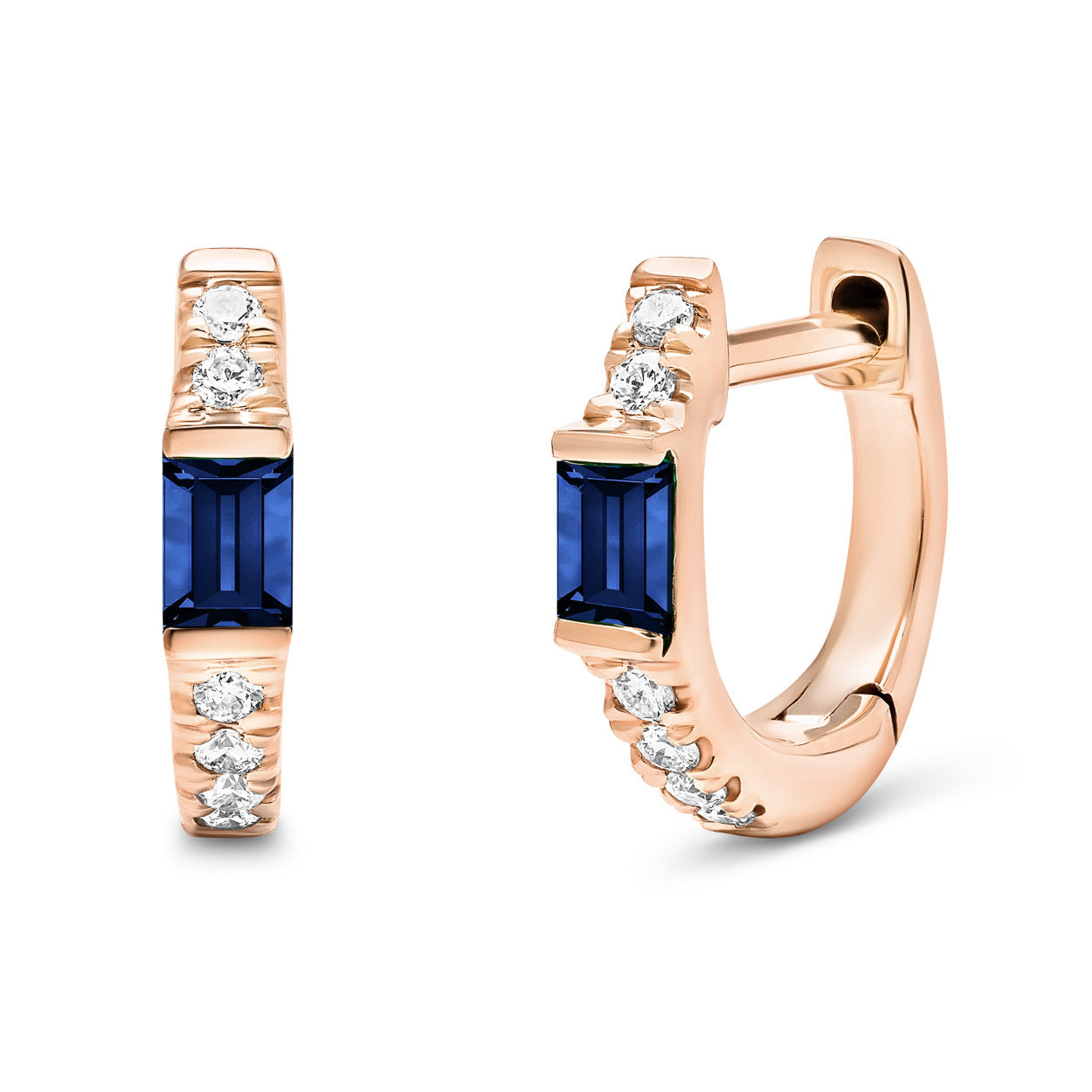 14K Solid Rose Gold Blue Sapphire Baguette Pave Diamond Hoops