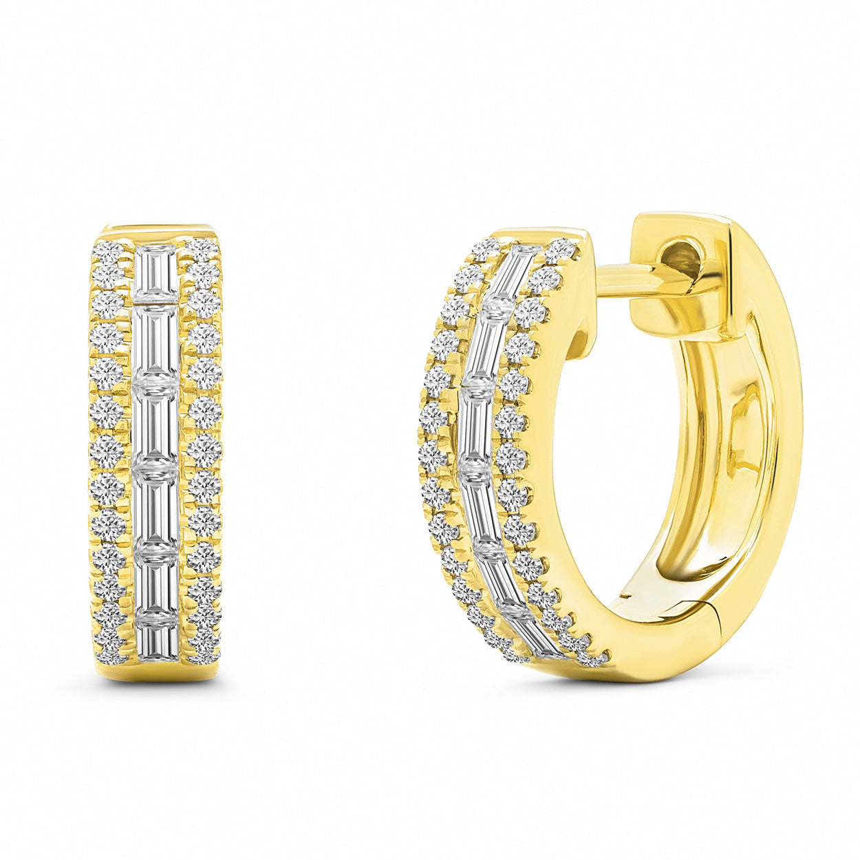 14K Solid Gold Baguette Diamond Channel Pave Hoops