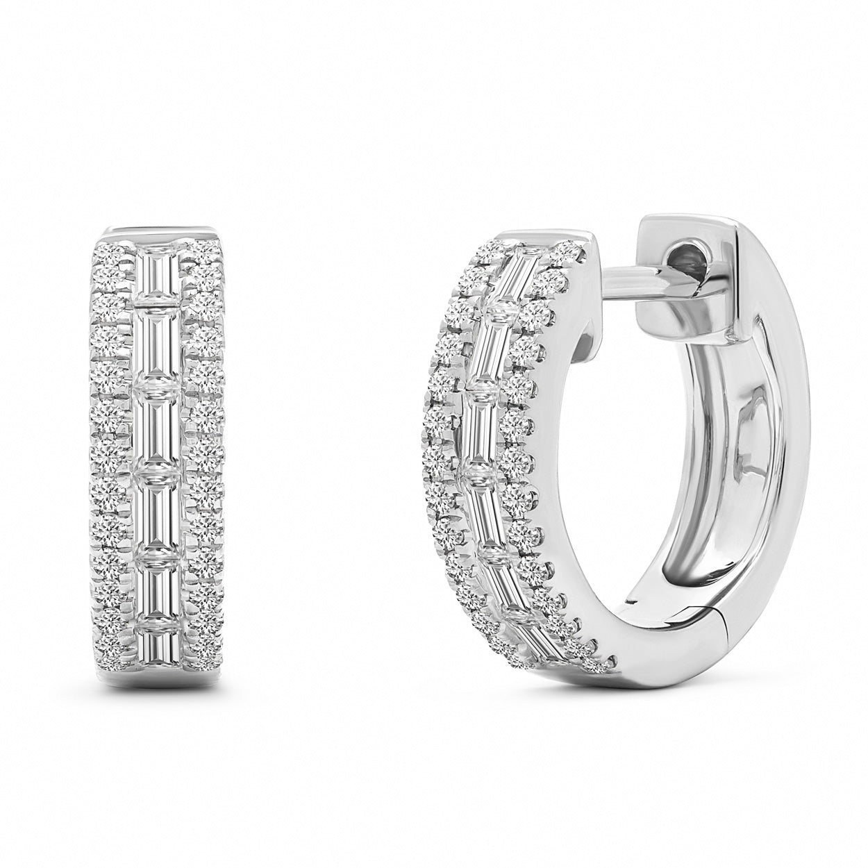 14K Solid White Gold Baguette Diamond Channel Pave Hoops