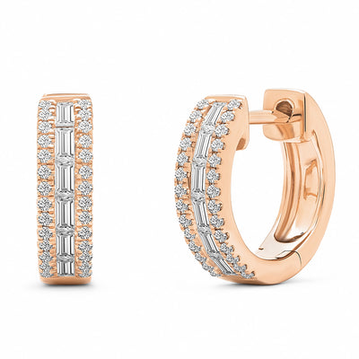 14K Solid Rose Gold Baguette Diamond Channel Pave Hoops