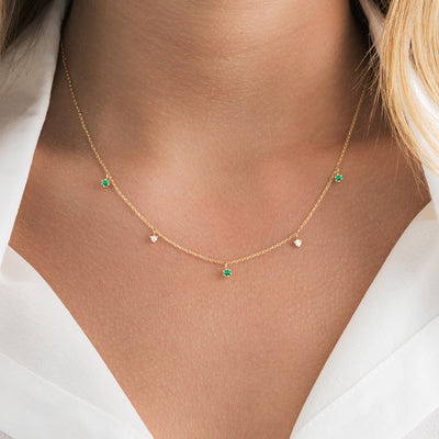 14K Solid Gold Dangling Emerald and Diamond Necklace