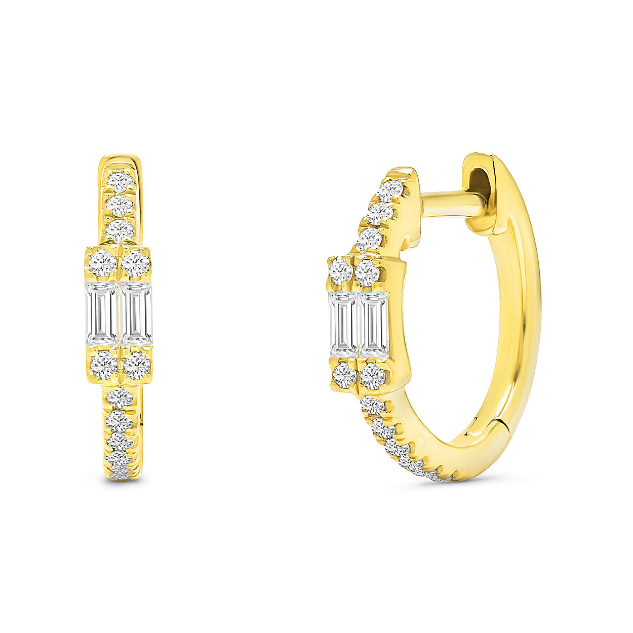 14K Solid Gold Double Baguette Pave Diamond Hoops