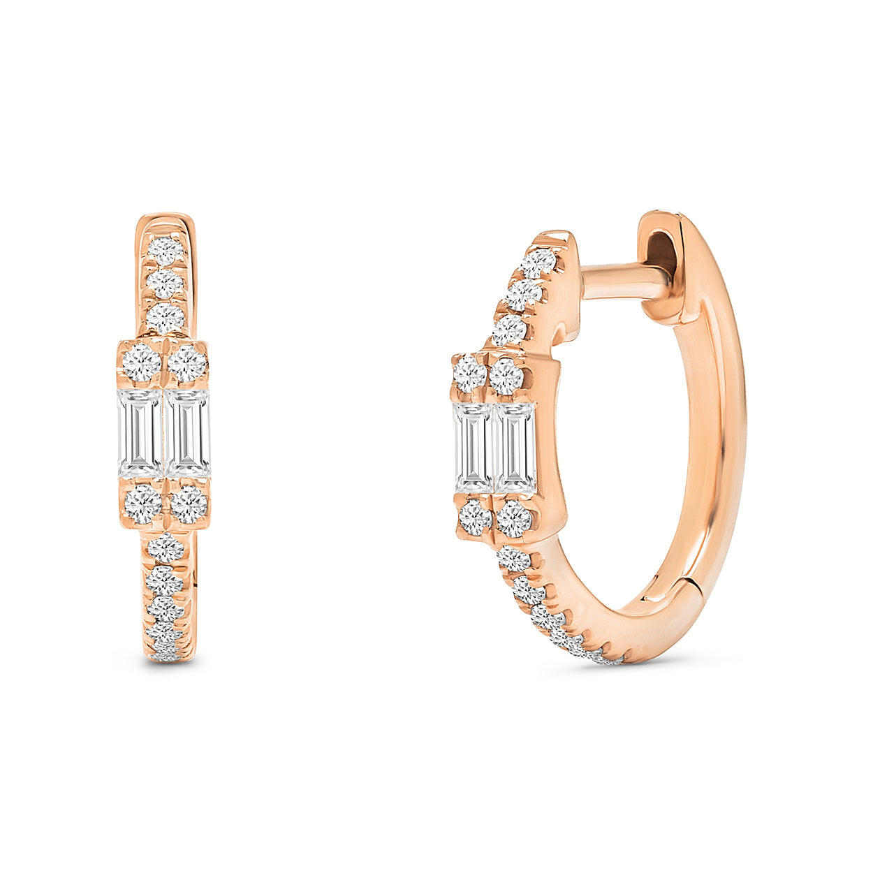 14K Solid Rose Gold Double Baguette Pave Diamond Hoops